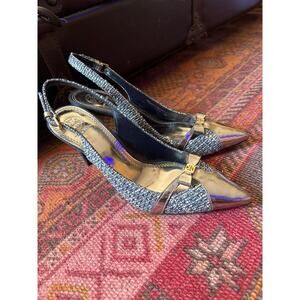Tory Burch Tweed Metallic bow Detail Pointy Toe Sling Back Heels